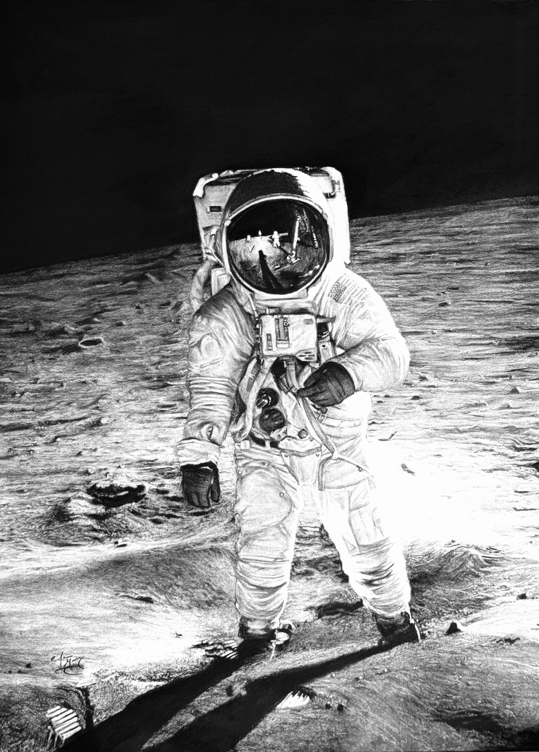 Buzz Aldrin Apollo 11 moonwalk charcoal drawing by Aaron Gomez