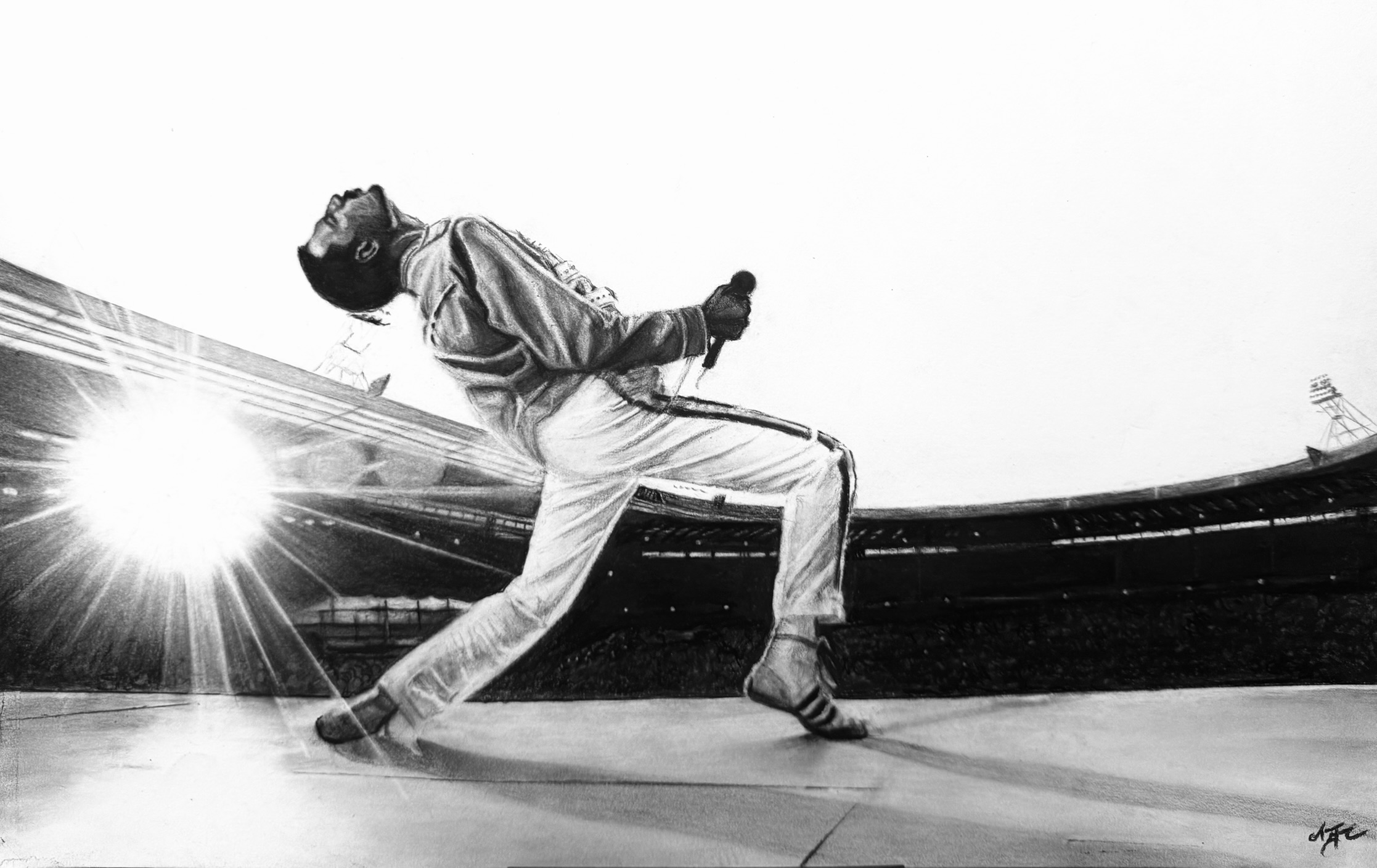 Freddie Mercury at Wembley charcoal drawing by Aaron Gomez